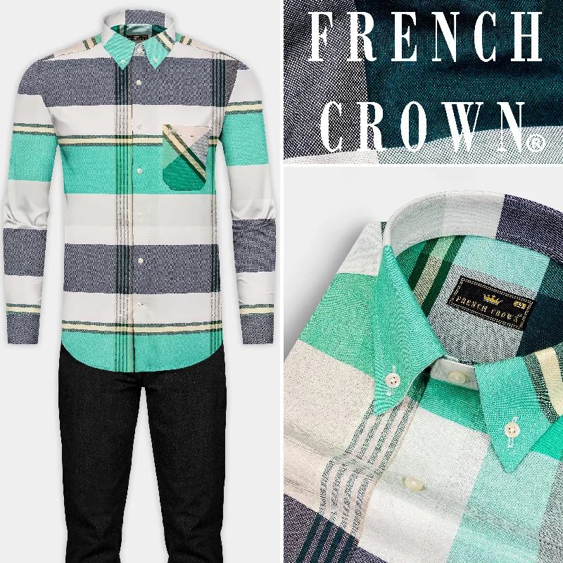 Slim Fit Wenge Gray with Eden Green Multicolour Royal Oxford Shirt