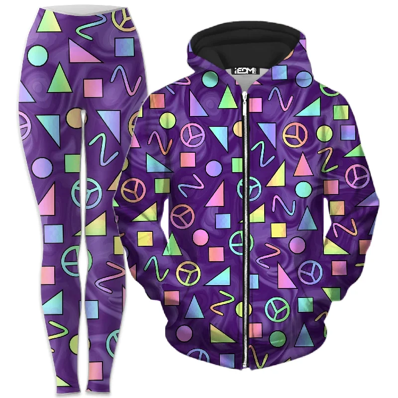 Fashionable sports Retro Shapes Peace Symbols Purple Zip-Up Hoodie and Leggings Combo
