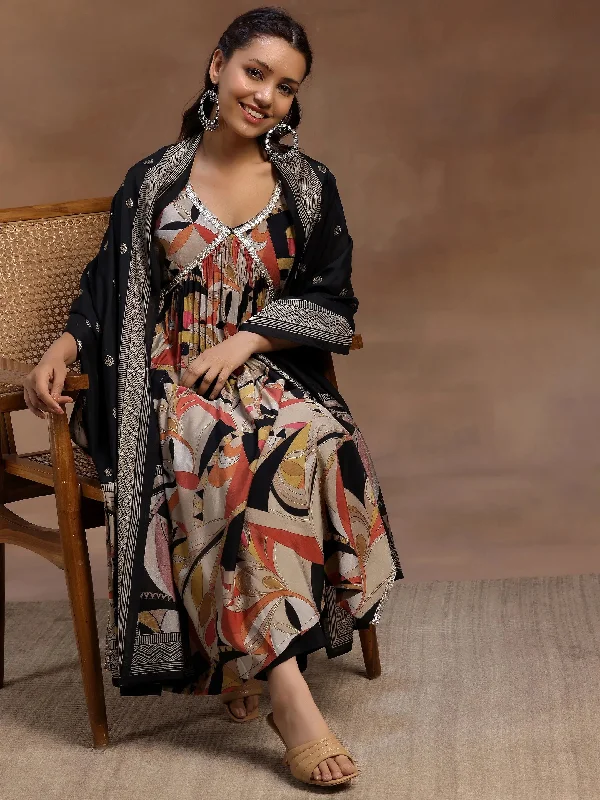 Sports Fitness Style Black Printed Silk Blend A-Line Kurta With Trousers & Dupatta