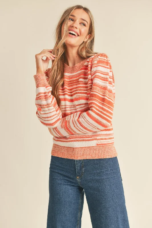 Noble Temperament Clay Ivory Puff Shoulder Striped Sweater