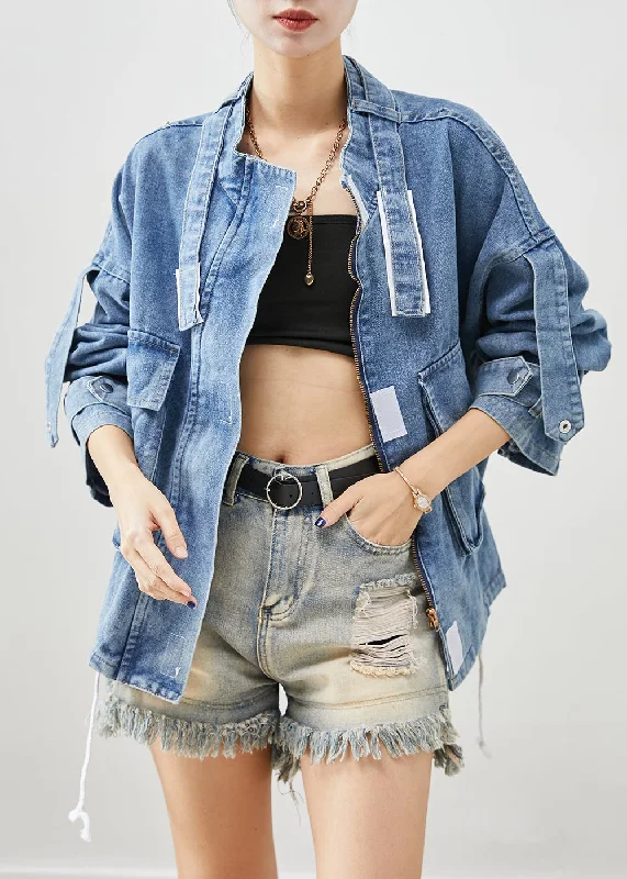 Nightclub Style Plus Size Blue Oversized Pockets Denim Coat Fall