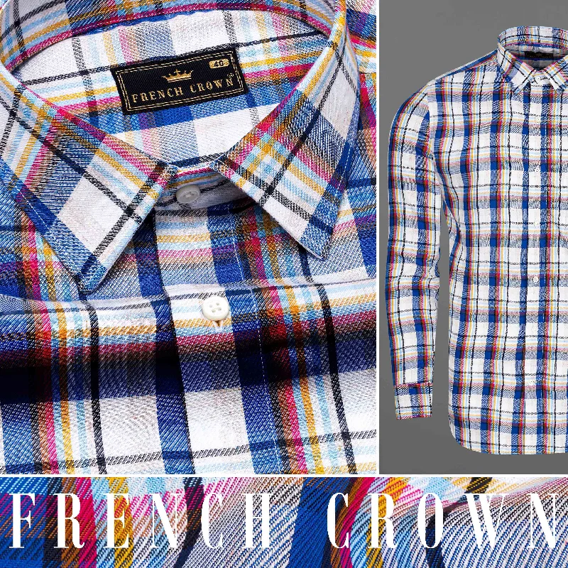 Energetic Fawn White with Azure Blue Twill Plaid Premium Cotton Shirt