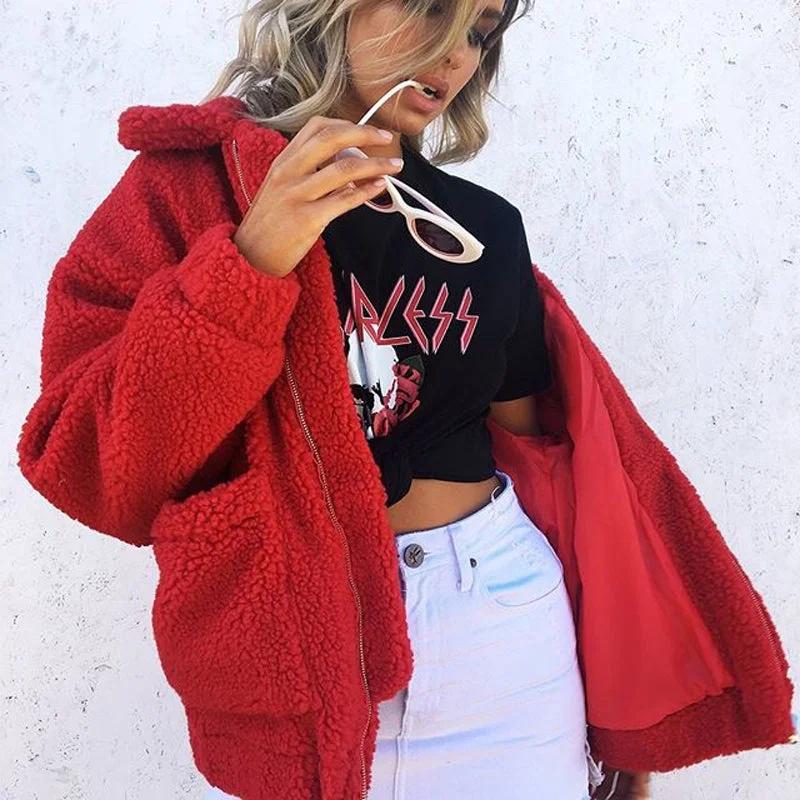 Party Wear Oversized Teddy Bear Zipup Jacket - Red