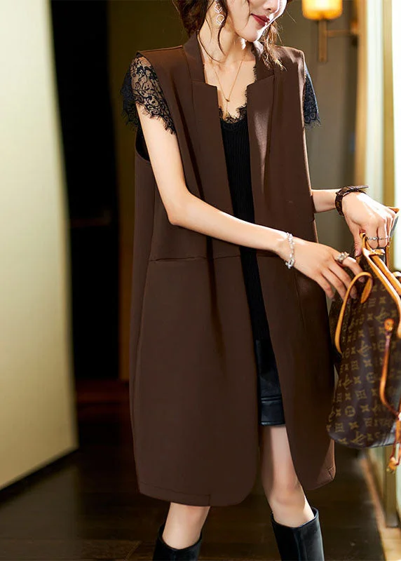 Retro Dress Stylish Coffee V Neck Patchwork Long Waistcoat Sleeveless