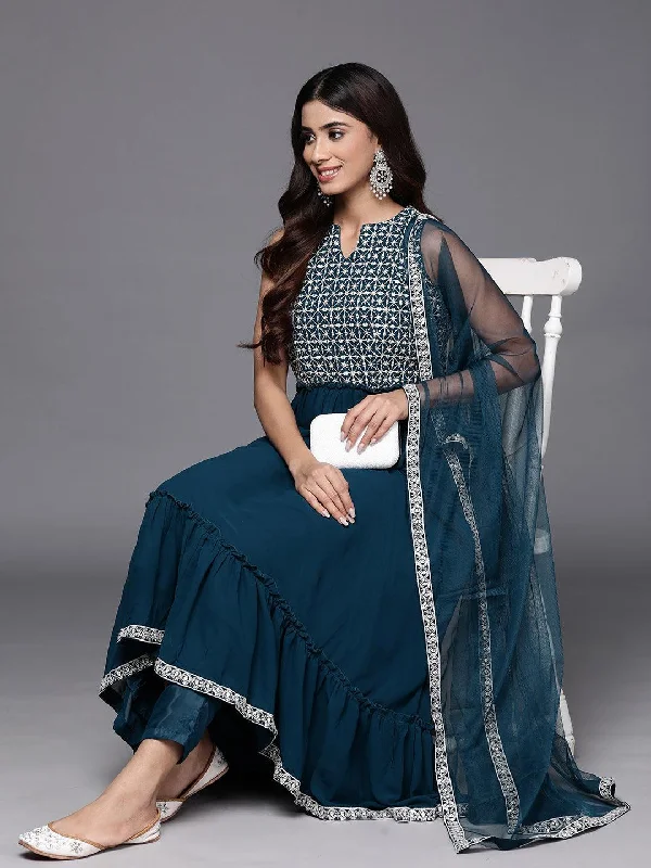 Cool Style Teal Embroidered Georgette Anarkali Suit With Dupatta