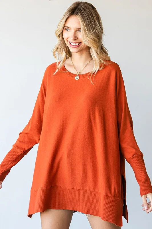 Customized Version Orange Dolman Sleeve Side Slit Sweater