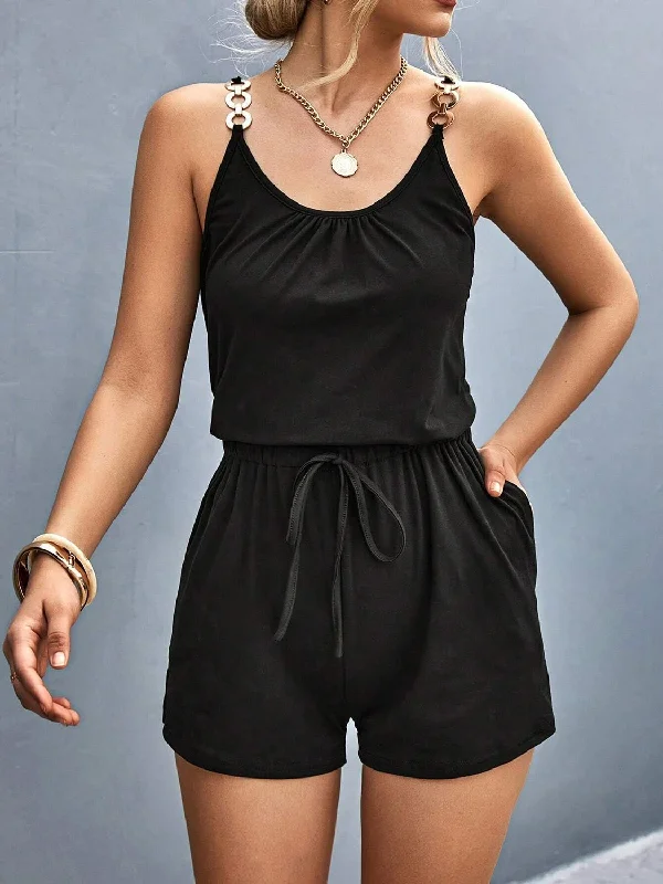 High-quality fabrics Pocketed Buckle Trim Scoop Neck Romper