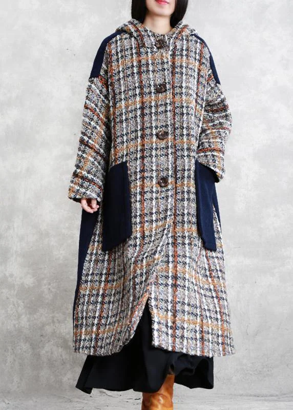 Stand-up collar design boutique casual long winter coat blue plaid patchwork hooded wool overcoat Stand-up collar design boutique casual long winter coat blue plaid patchwork hooded wool overcoat