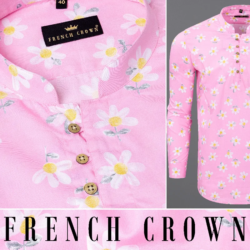 Noble Temperament Light Pink Floral Printed Premium Cotton Kurta Shirt