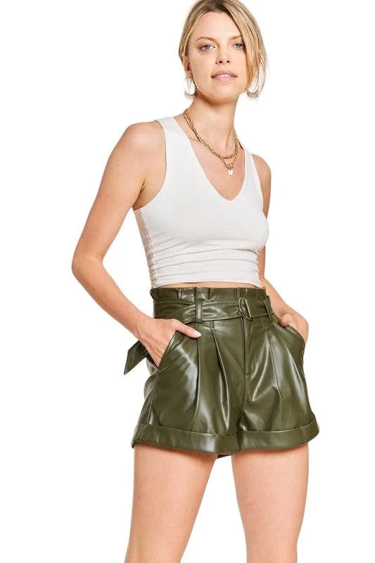 Moisture wicking High-Rise Metallic Vegan Leather Belted Shorts