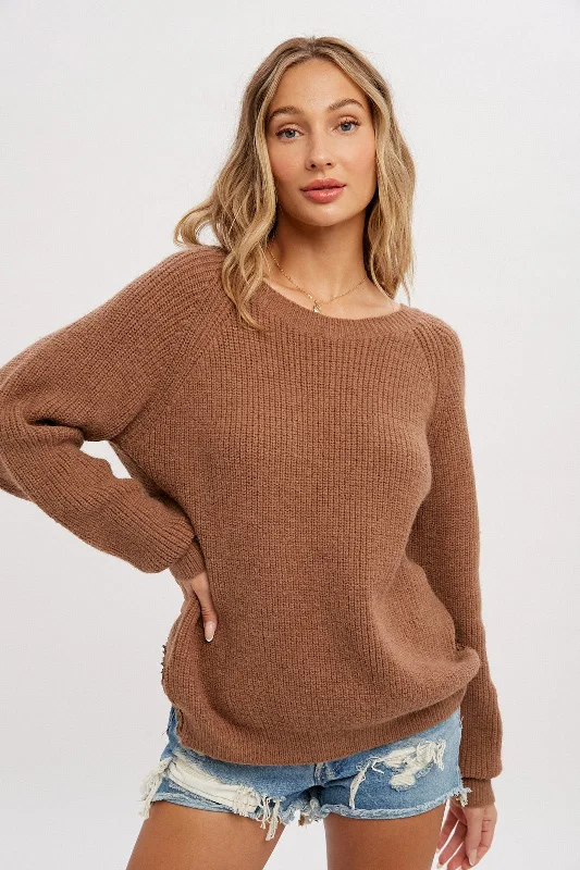 Cool Summer Mocha Back Cutout Lace Accent Sweater