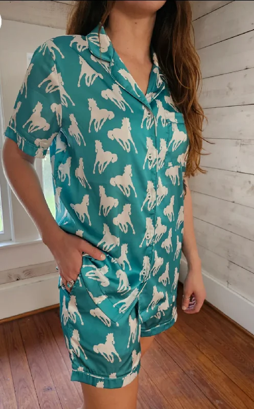 Sports Yoga Style Turquoise Horse Satin Pajama Set