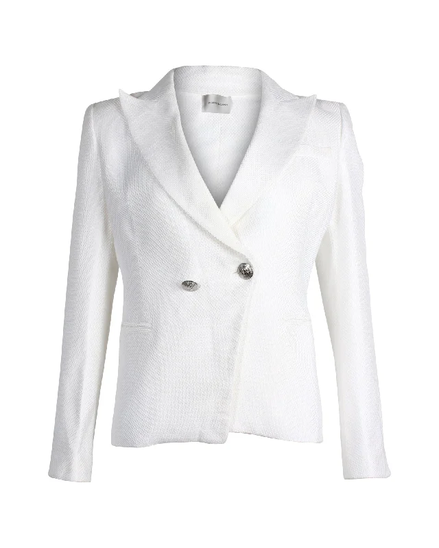 Street Show-off Style Pierre Balmain Peak Lapel Double-Breasted Blazer in White Cotton Street Show-off Style Pierre Balmain Peak Lapel Double-Breasted Blazer in White Cotton