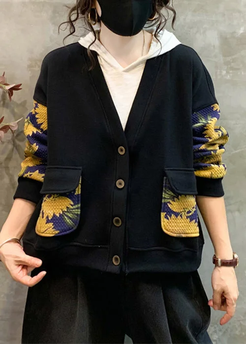 Personalized print Loose Yellow V Neck Print Pockets Warm Fleece Coat Fall
