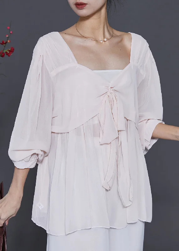 High-waisted pants style Simple Apricot Square Collar Chiffon Blouses Spring