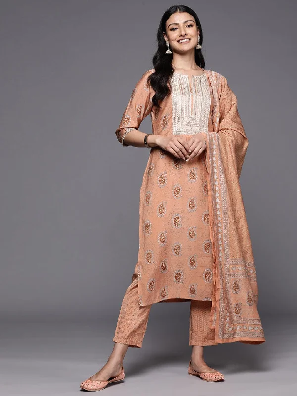 Short skirt design Peach Yoke Design Silk Blend Straight Kurta With Trousers & Dupatta