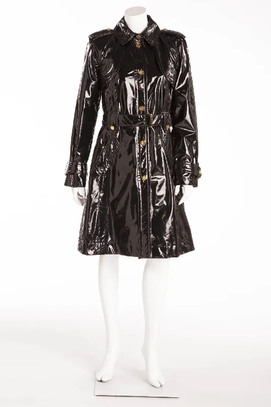 Urban Fashion Roberto Cavalli - Black Patent Long Sleeve Coat with Tie Waist - IT 42 Urban Fashion Roberto Cavalli - Black Patent Long Sleeve Coat with Tie Waist - IT 42