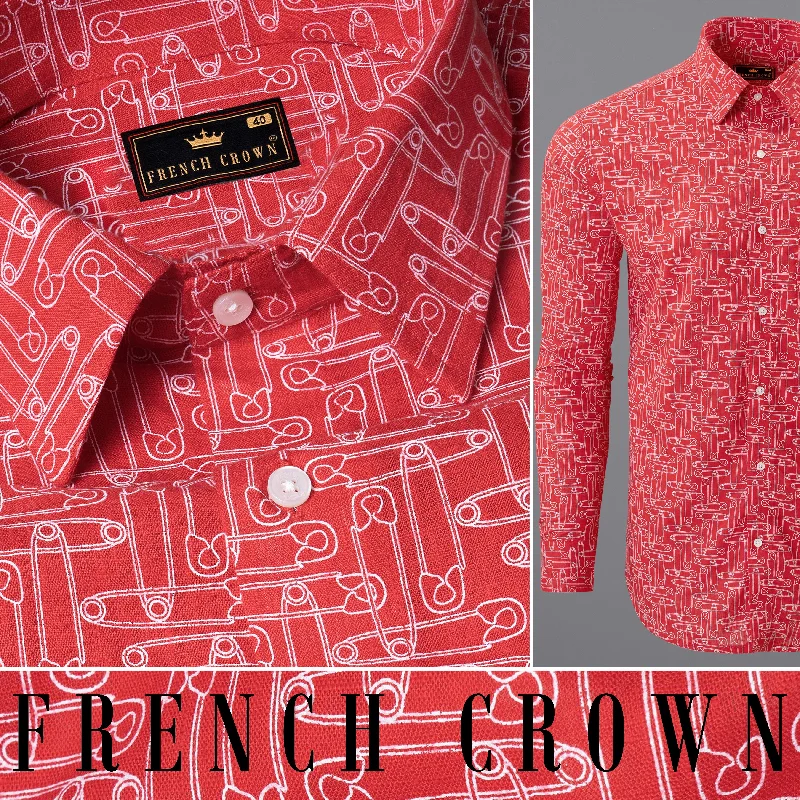 Comfortable and simple Cardinal Red Safety Pin Printed Luxurious Linen Shirt