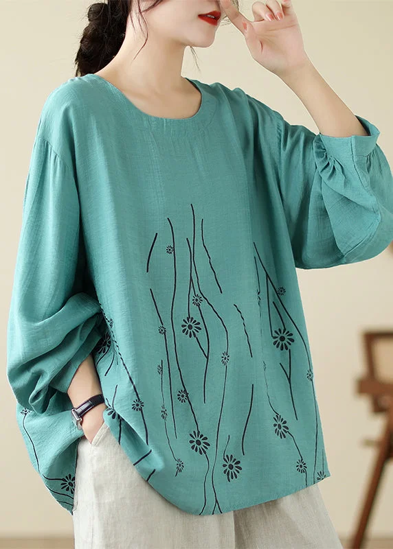 Sports Vitality Style Loose Cyan O-Neck Print Tops Long Sleeve