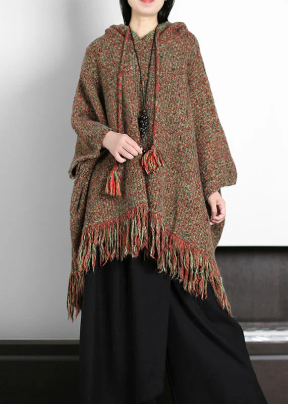 Amazing design Loose Hooded Tasseled Low High Design Wool Top Batwing Sleeve