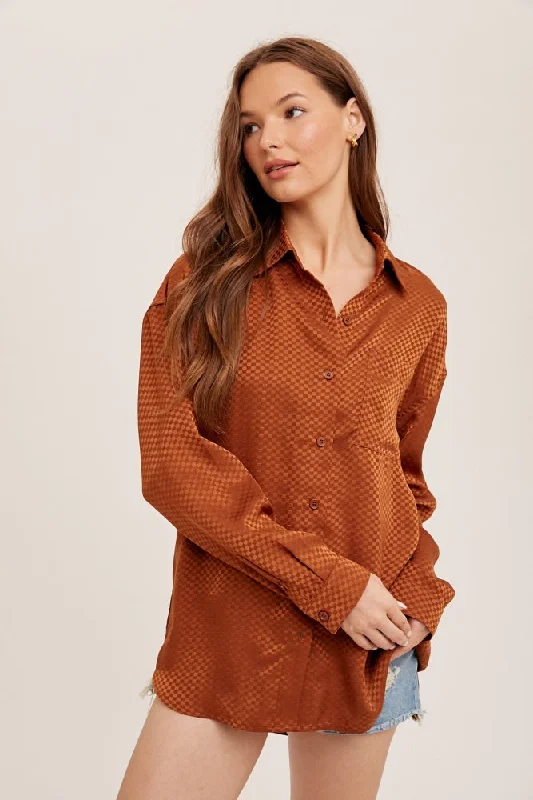 Sweet Girl Rust Satin Checkered Print Blouse