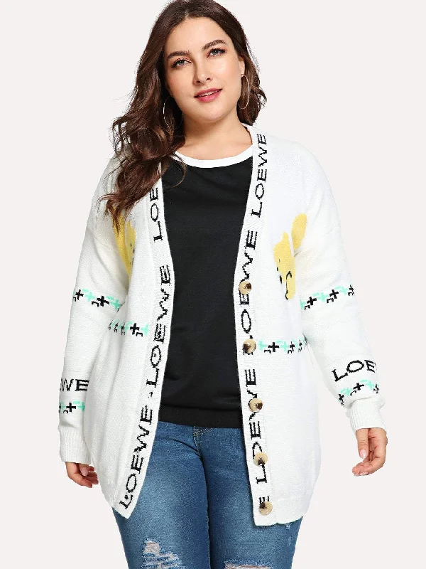 Nightclub Style Plus Animal And Letter Printed Sweater Coat