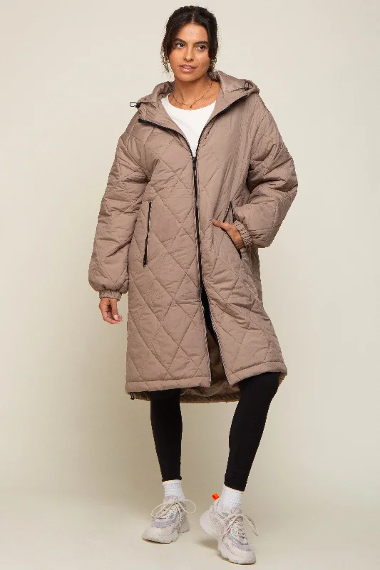 Sports suit style Light Taupe Quilted Long Puffer Jacket