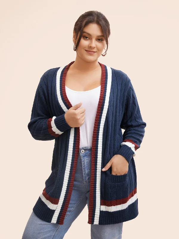 High waist design Contrast Striped Patch Pocket Cable Knit Cardigan