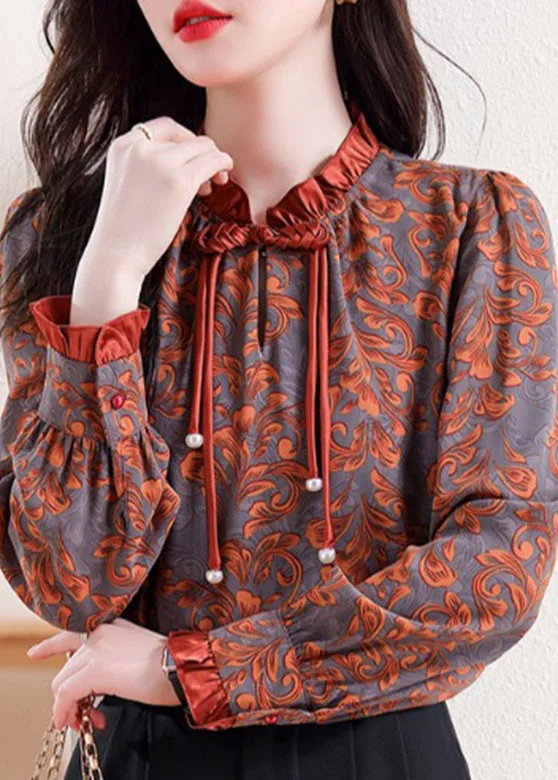 Round neck design Retro Orange Ruffled Print Tops Long Sleeve