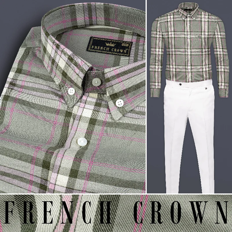 Fun and cute Sandrift Brown with Mondo Green Twill Checkered Premium Cotton Shirt