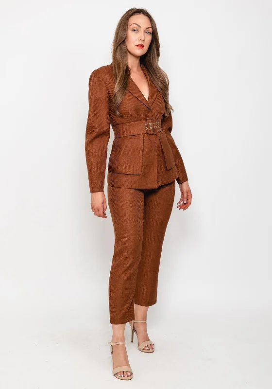 Knowledge And Elegance Exquise Woven Belted Blazer, Tan