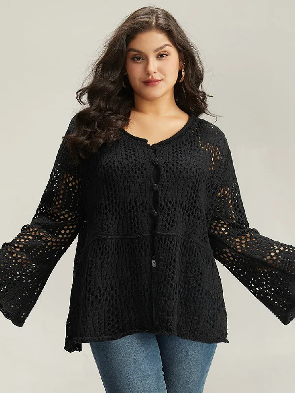 Elegant and noble Plain Hollow Out Button Through Bell Sleeve Cardigan