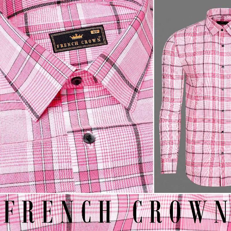 Mid-length Style Deep Blush Pink Plaid Premium Cotton Shirt