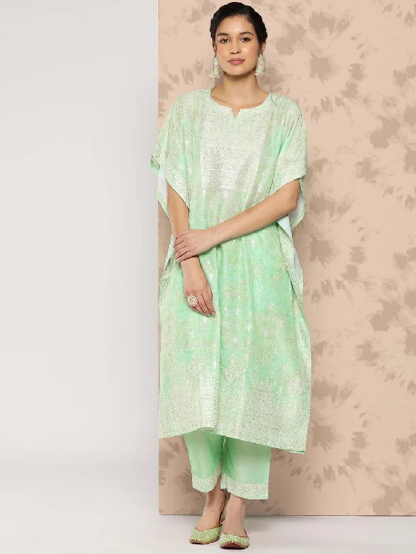 Single-shoulder Neck Design Green Printed Silk Blend Kaftan Kurta With Trousers