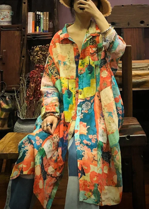 Comfortable and simple Loose Multi Peter Pan Collar Print Patchwork Linen Blouses Long Sleeve