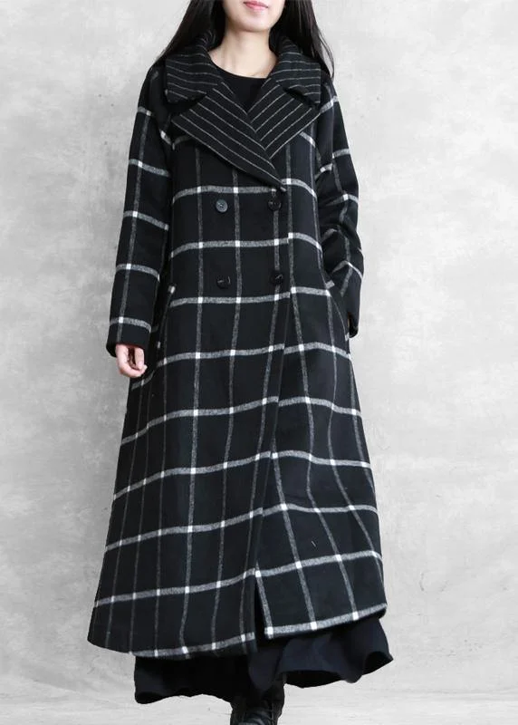 British casual women plus size long coats woolen outwear black plaid Notched tie waist woolen overcoat British casual women plus size long coats woolen outwear black plaid Notched tie waist woolen overcoat