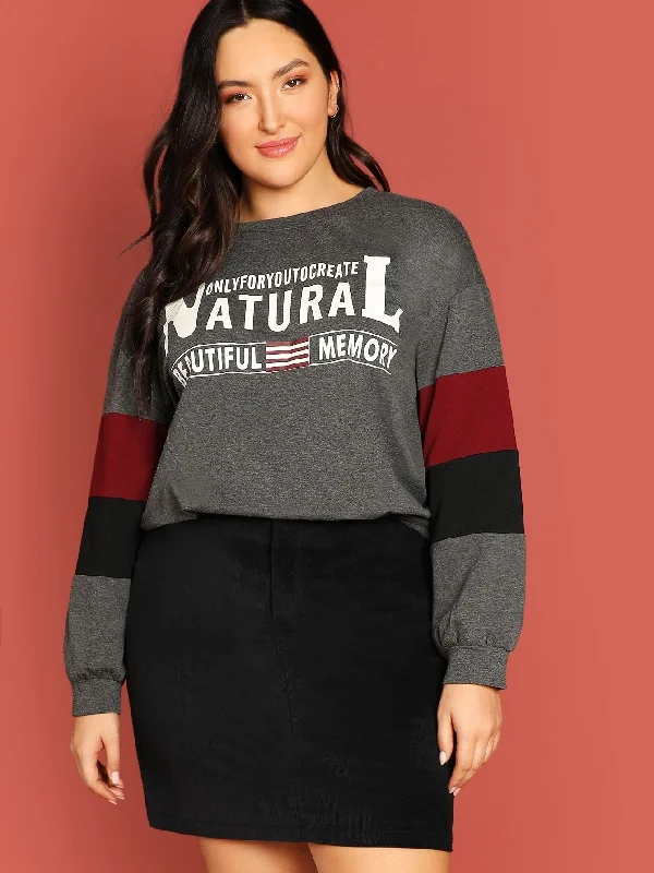 Street Sports Shoes Plus Letter Print Color Block Pullover