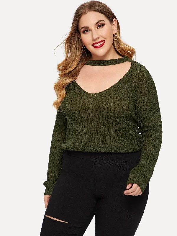 Extra long version Plus Solid Choker Neck Jumper