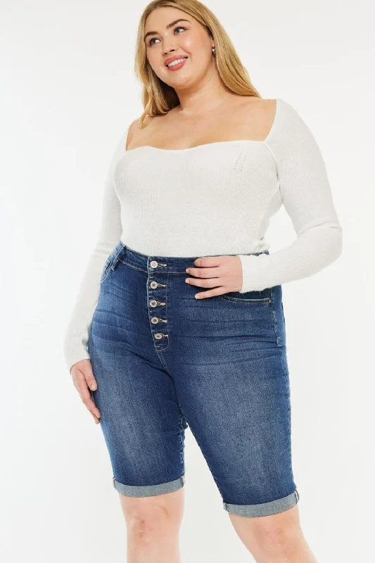 Round neck design Kancan Full Size Button Fly Bermuda Denim Shorts
