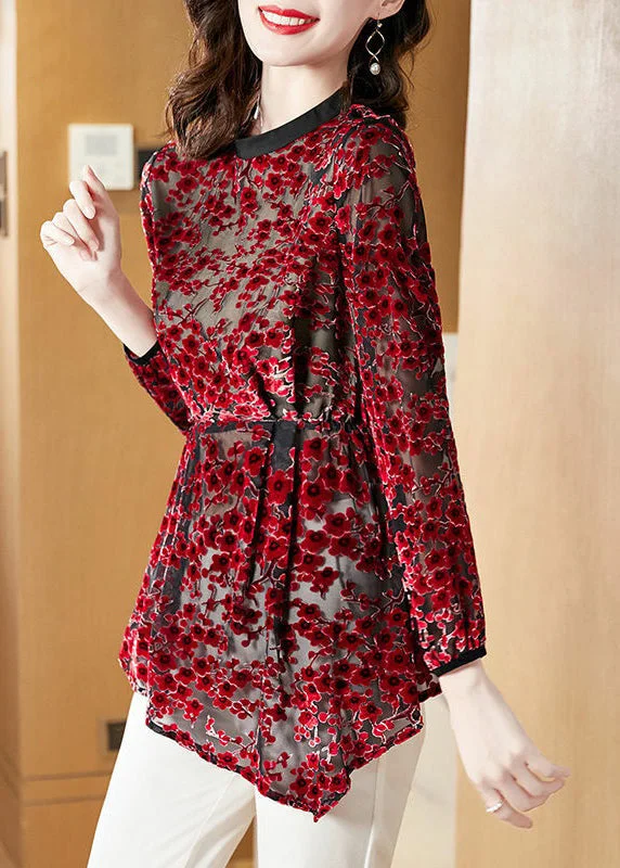 Exquisite workmanship Retro Red Wrinkled Hollow Out Floral Silk Velour Top Spring