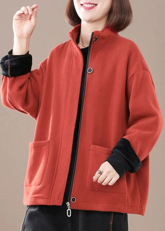 Knitted Design Red Thick Warm Fleece Jacket Zip Up Pockets Winter