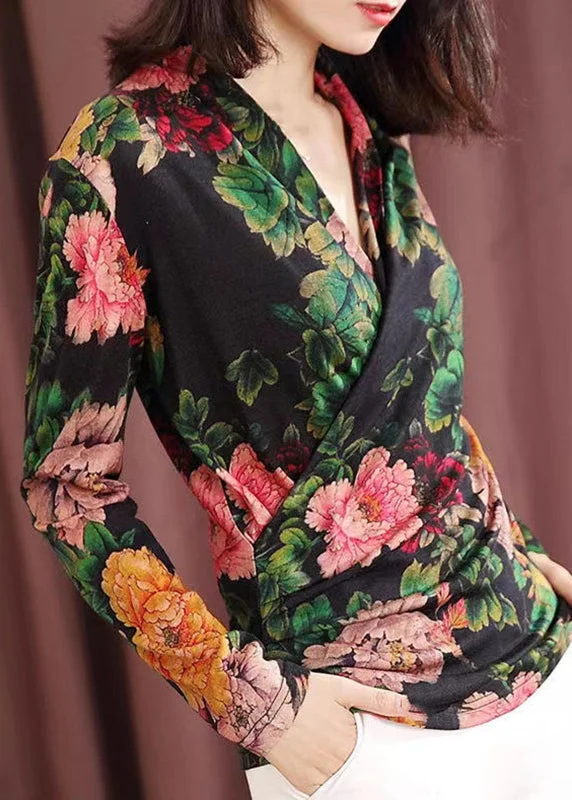 Multi-functional style Fitted Green V Neck Print Knit Top Long Sleeve