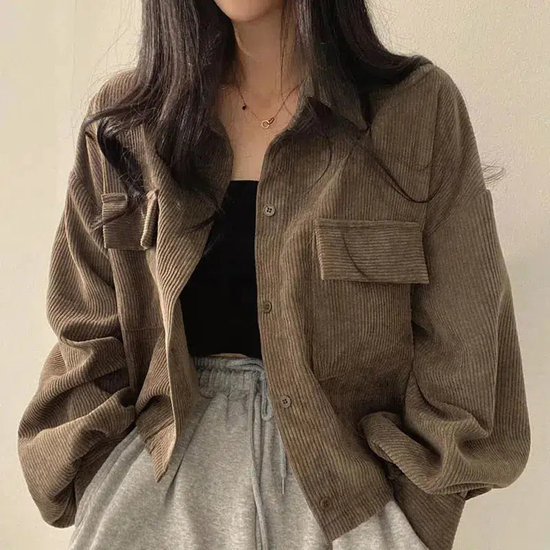 Knitted Design Light Academia Cropped Corduroy Jacket