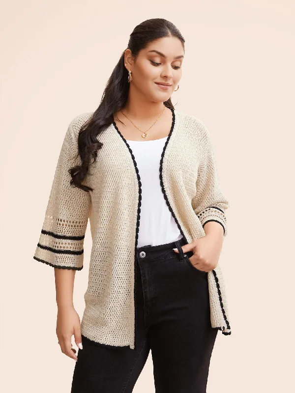 Retro Stripes Solid Contrast Trim Bell Sleeve Cardigan