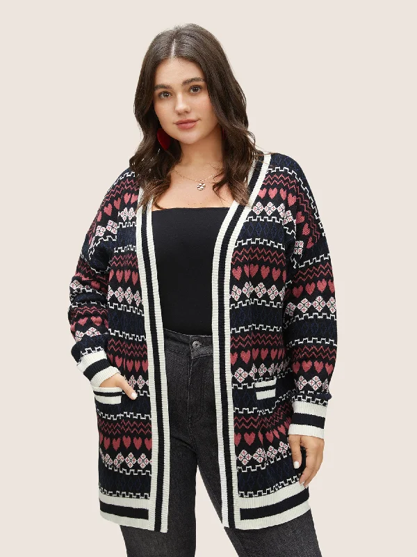 Knitted Design Heart Geometric Jacquard Pocket Cardigan