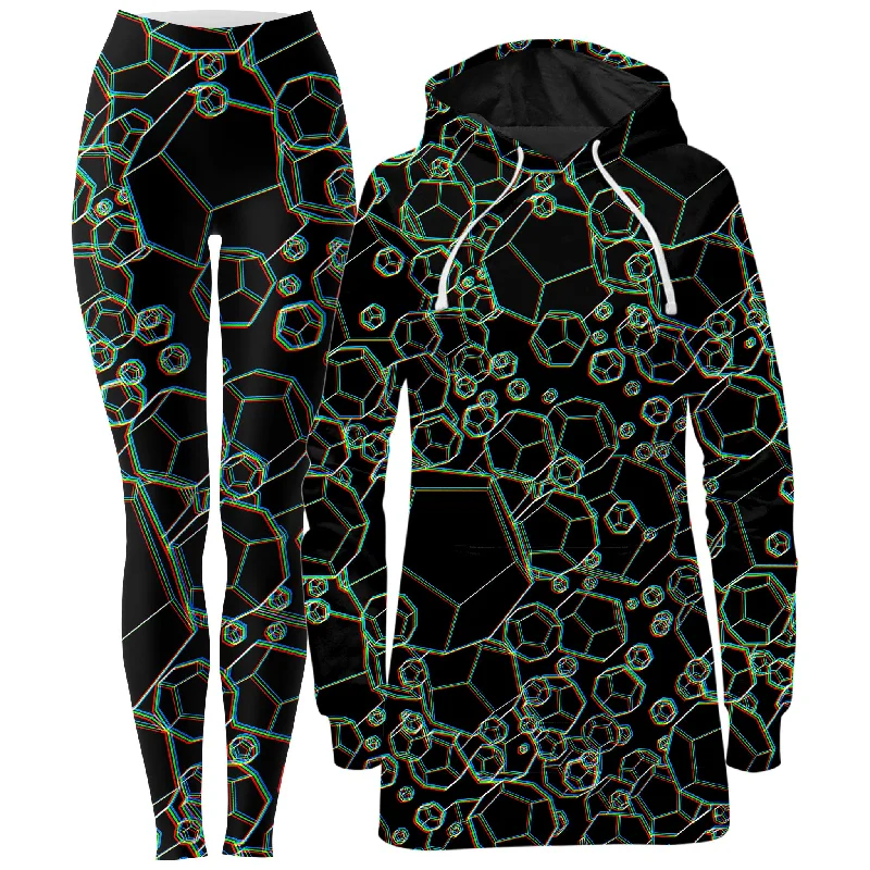 Single-shoulder Neck Design Dodecahedron Madness Glitch Hoodie Dress and Leggings Combo