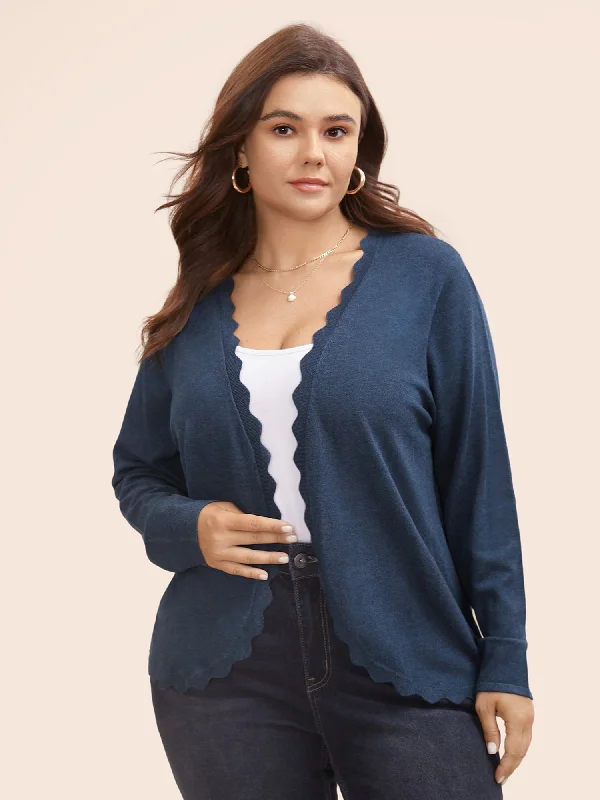 Hip-hop Style Supersoft Essentials Solid Scalloped Trim Cardigan