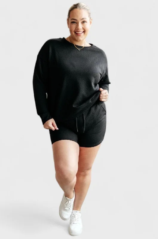 High-waisted pants style Textured Black Sweatshirt and Shorts Set