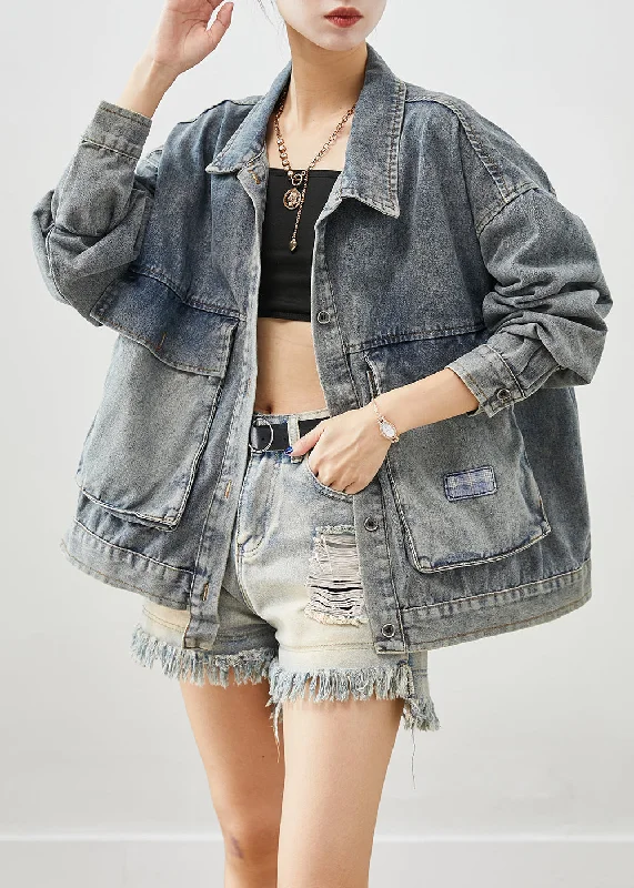 Elegant Classic Plus Size Blue Oversized Pockets Applique Denim Coats Fall