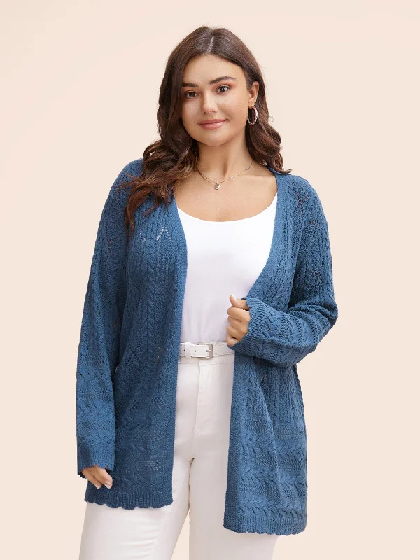 Noble Temperament Solid Scalloped Trim Cable Knit Cardigan